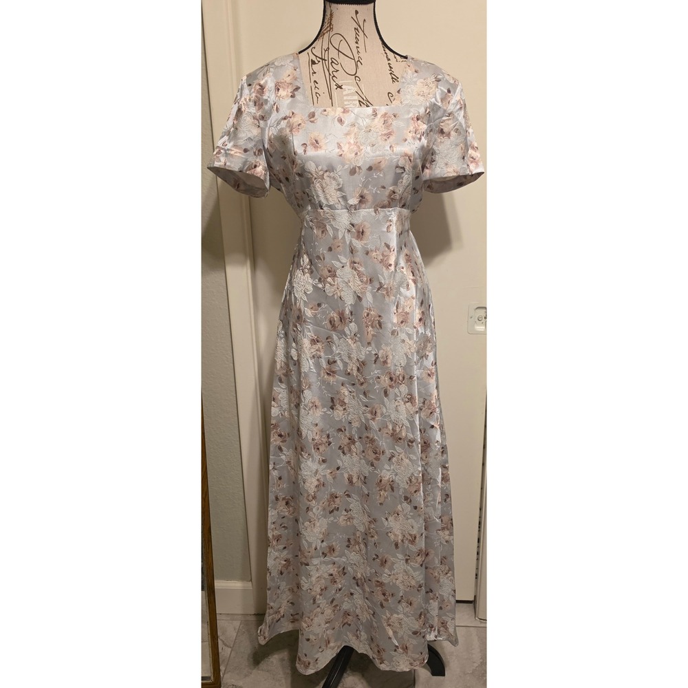 Vintage DBY‎ Ltd Floral Jacquard Maxi Dress Blue Champagne Square Neck Sz 11